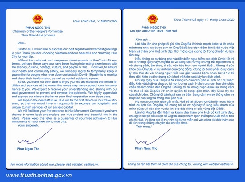Chủ tịch UBND tỉnh Phan Ngọc Thọ  gửi thư đến các du khách nước ngoài đến Thừa Thiên Huế du lịch nhưng tạm thời bị cách ly do dịch Covid-19